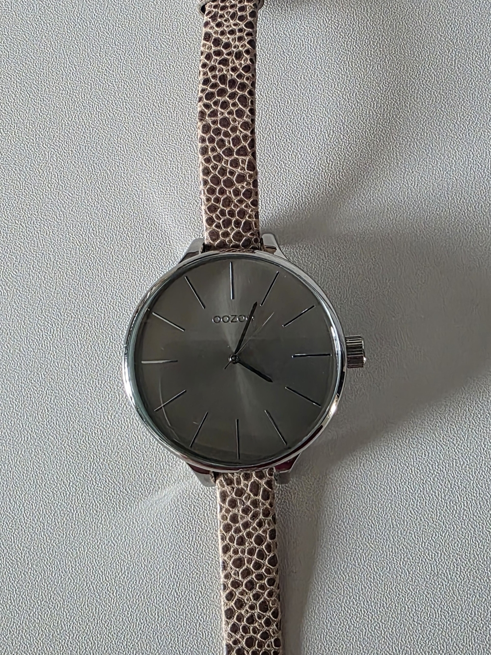 Oozoo Minimalist Silver Dial Watch with Taupe Textured Strap
